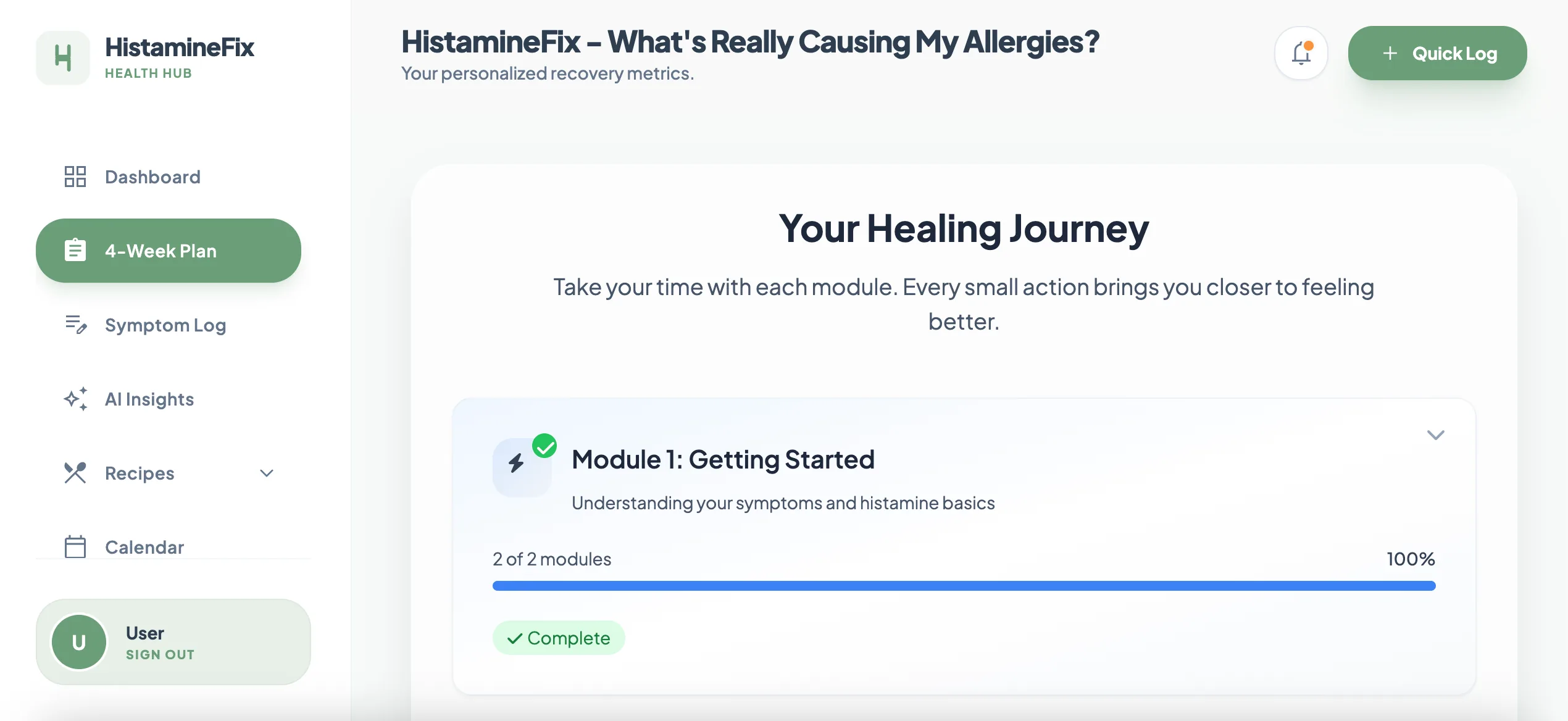 The four-week elimination plan view, showing daily symptom entries and severity levels
