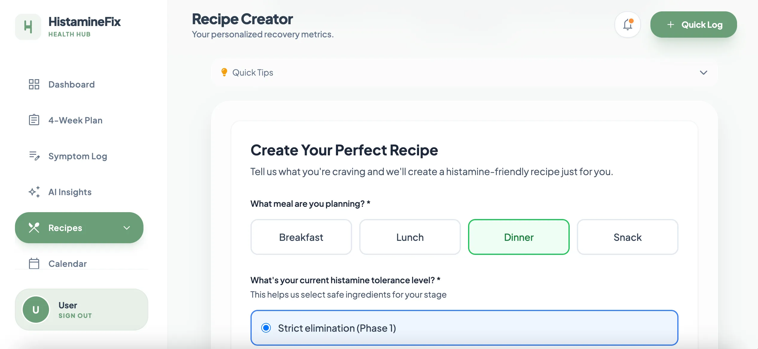 The recipe creator, with ingredient fields and a saved low-histamine cookbook
